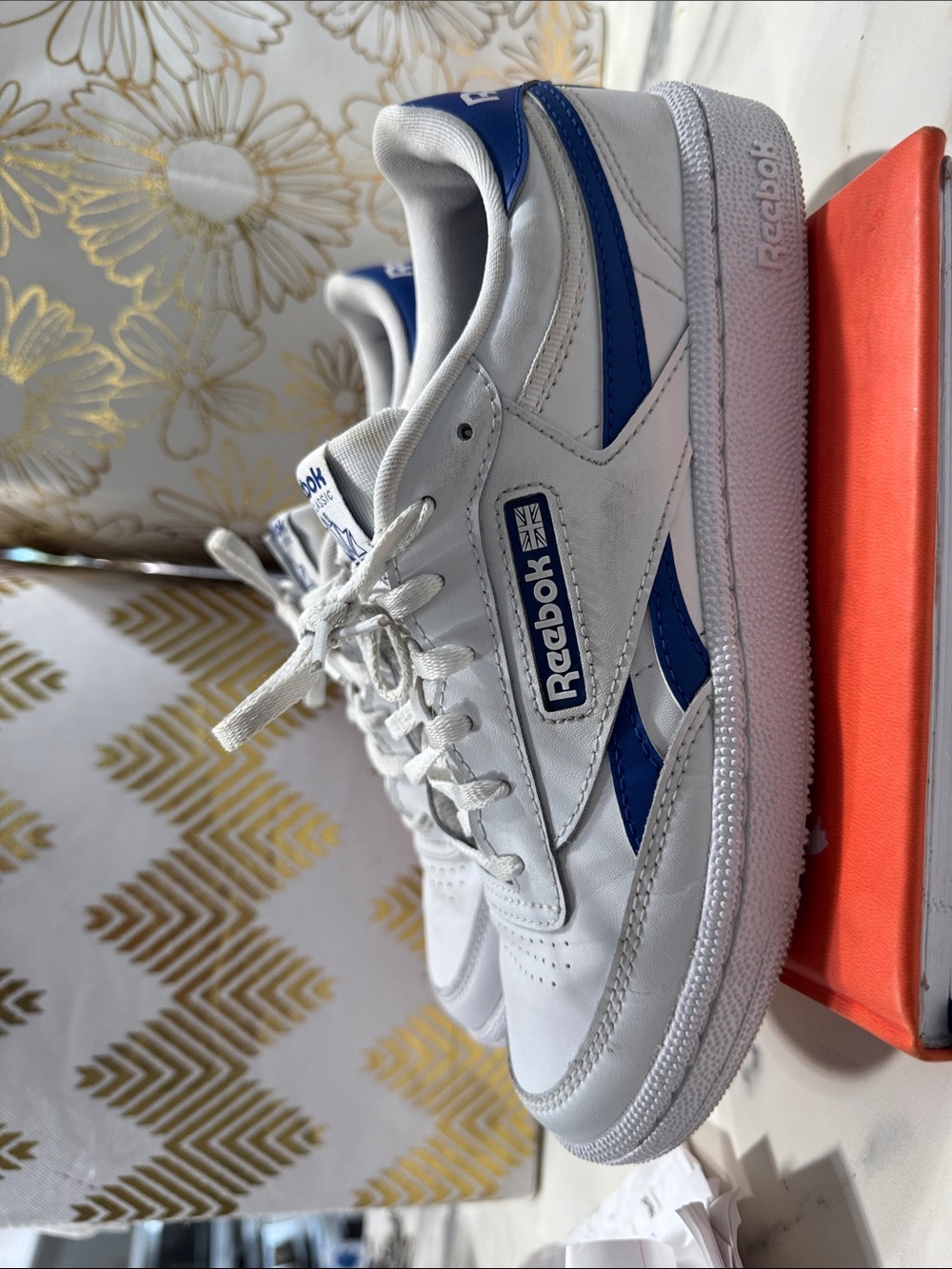 Reebok White and Blue Leather Low-Top Sneakers
